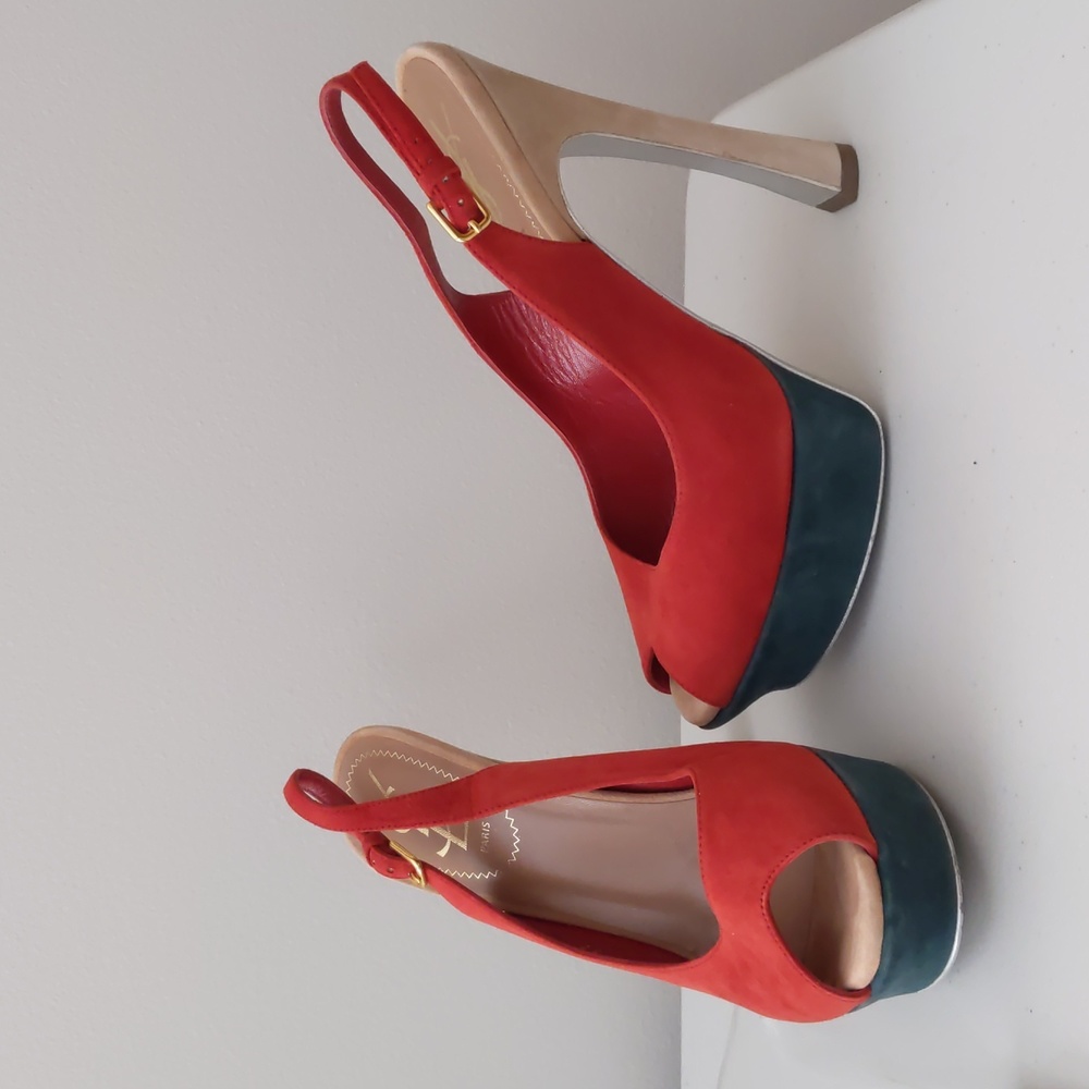 High heel platform Yves Saint Laurent sandals red suede and green suede, size 37